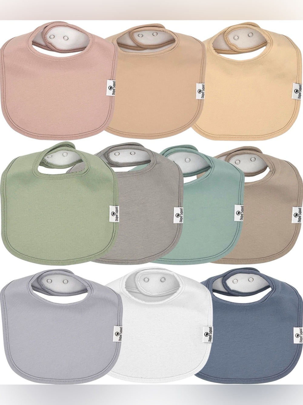 Diaper Squad 10 pack Muted Square Organic Cotton & Fleece Baby Drool Bibs Set